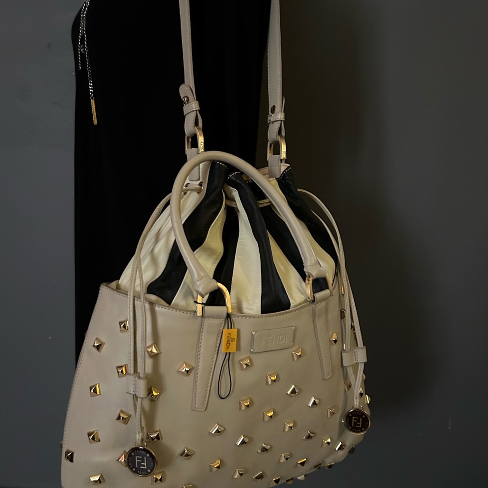 Cream Leather Studded Fendi B Fab Bag - Picture 2 of 9
